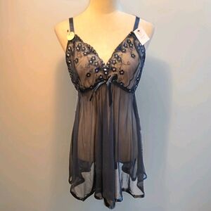 200 Elegant Sheer Black Embellished Chemise
